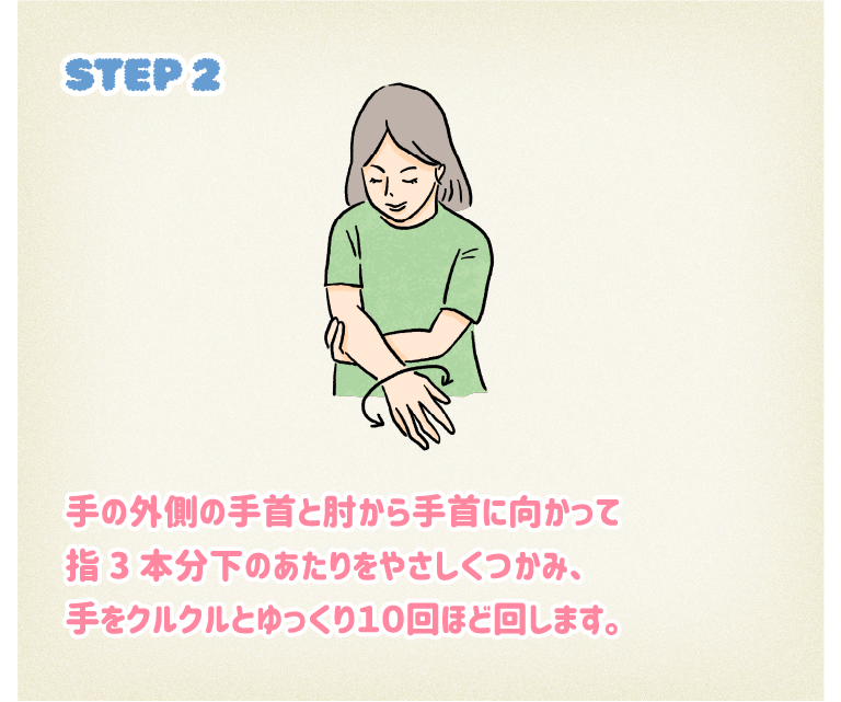 STEP2手の外側の手首と肘から手首に向かって指3本分下のあたりをやさしくつかみ、手をクルクルとゆっくり10回ほど回します。