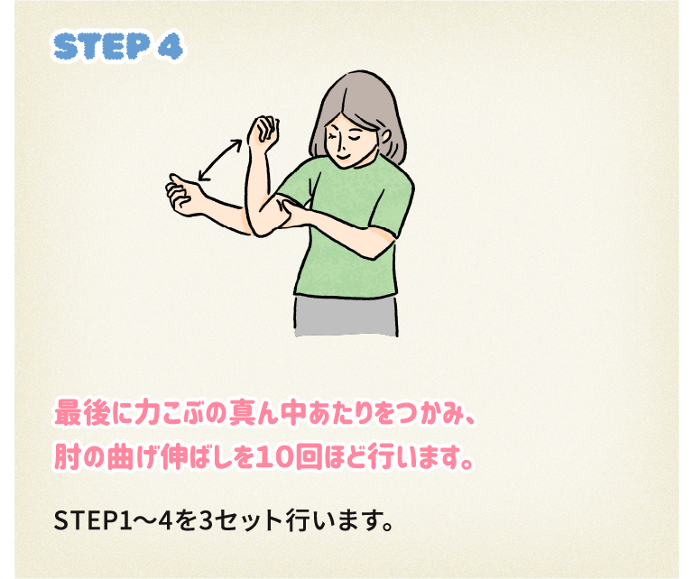 STEP4最後に力こぶの真ん中あたりをつかみ、肘の曲げ伸ばしを10回ほど行います。 STEP1～4を3セット行います。
