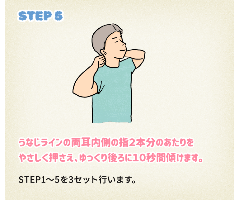 STEP5うなじラインの両耳内側の指2本分のあたりをやさしく押さえ、ゆっくり後ろに10秒間傾けます。STEP1～5を3セット行います。
