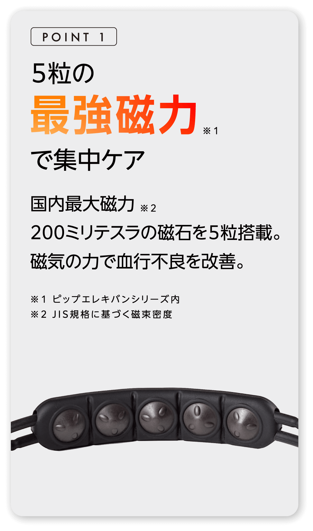 5粒の最強磁力で集中ケア 国内最強磁力200ミリテスラの磁石を5粒搭載。磁気の力で血行不良を改善。